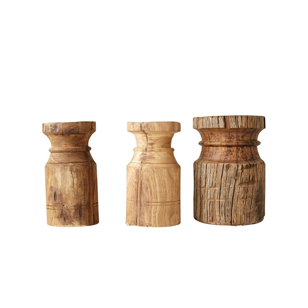 Wood Carved Pillar Candle Holders